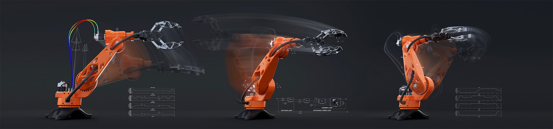 3D rendering of a robot arm showing Altair's multibody simulation process: Model, Simulate, Review, and Improve.