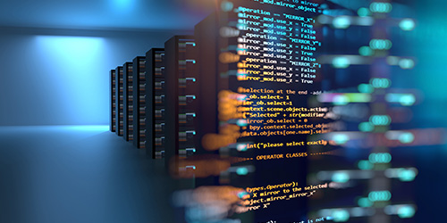 HPC center with overlayed computer text representing systemverilog code for multiple electronic functional simulations.