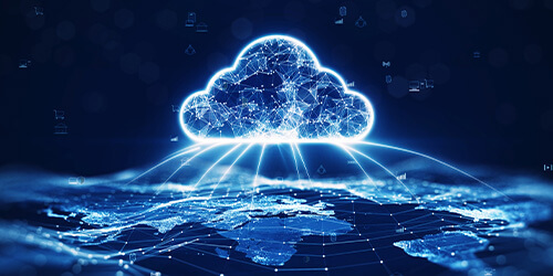 Blue and white cloud 2D illustration positioned over a global map representing cloud computing job orchestration.