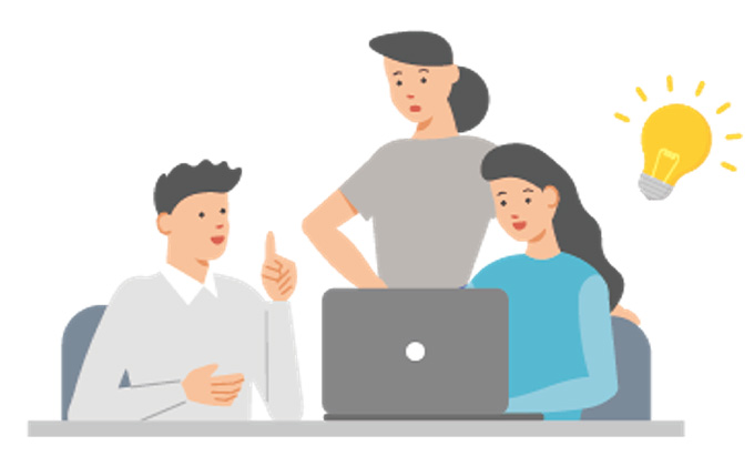 Illustration of three people looking at a laptop, with a lightbulb icon signifying a new idea. 