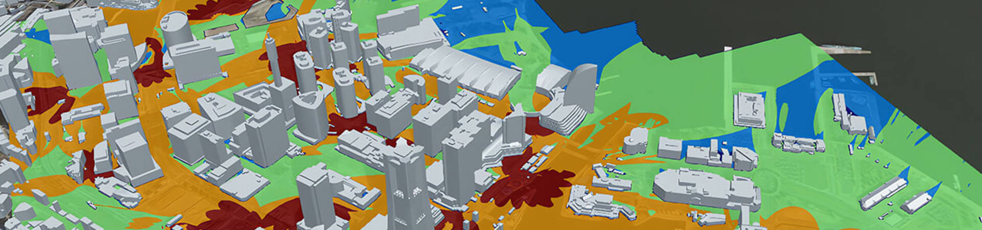 A section of the output Altair Feko simulation of radio propagation used on existing 3D city data for the Yokohama Minato Mirai 21 area.