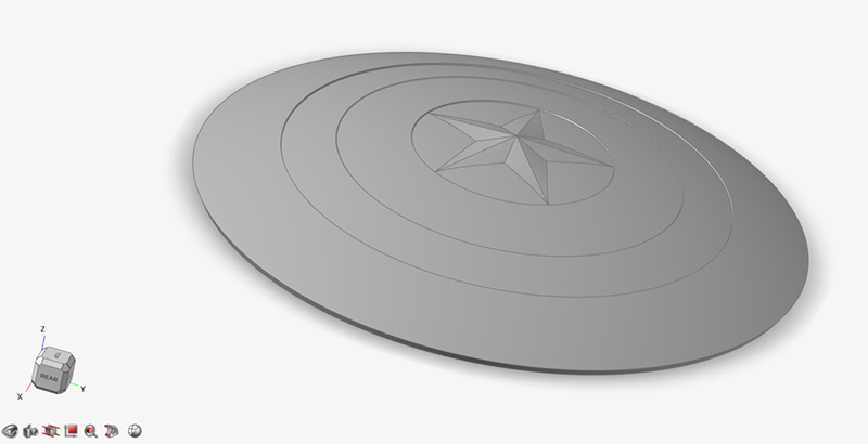 The final CAD model of Captain America’s shield was built from scratch. It is based on estimations, proportional scaling and reference images.