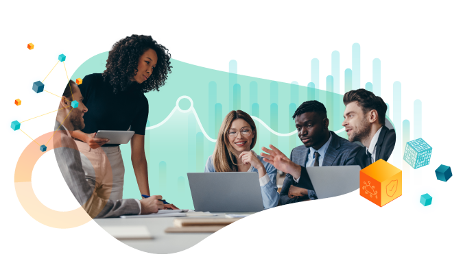 A group of employees having a meeting with abstract data points and graphic illustrations overlaid.