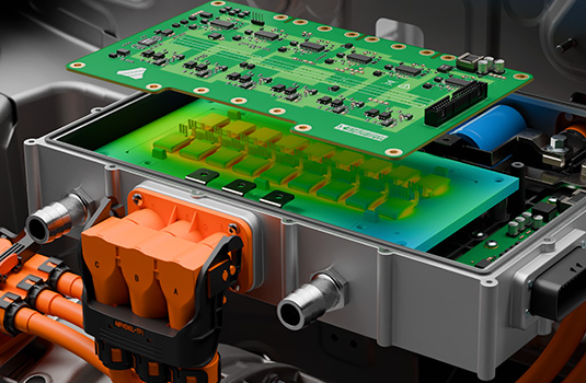 A 3D rendering that displays a 3D simulation of a comprehensive thermal analysis on a printed circuit board (PCB).