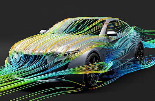 A 3D rendering highlighting a 3D simulation of external aerodynamics, empowering engineers to optimize vehicle performance and enhance passenger comfort.