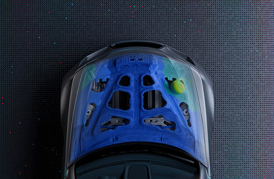 3D rendering of a car hood showcasing Altair PhysicsAI's ability to perform design evaluations with AI-enabled physics predictions.