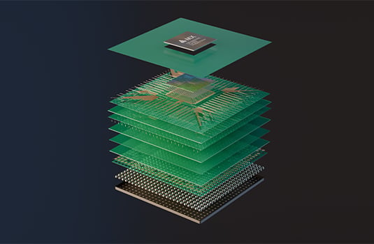 3D rendering of a PCB chip showing how Altair's Electronic System Design optimizes IC and package designs with multiphysics simulation for improved 3D IC reliability.