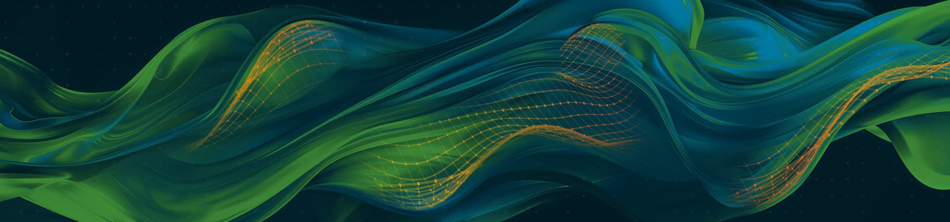 AI-generated abstract art with deep blue green waves flowing from left to right with a bright orange mesh pattern overlaid.