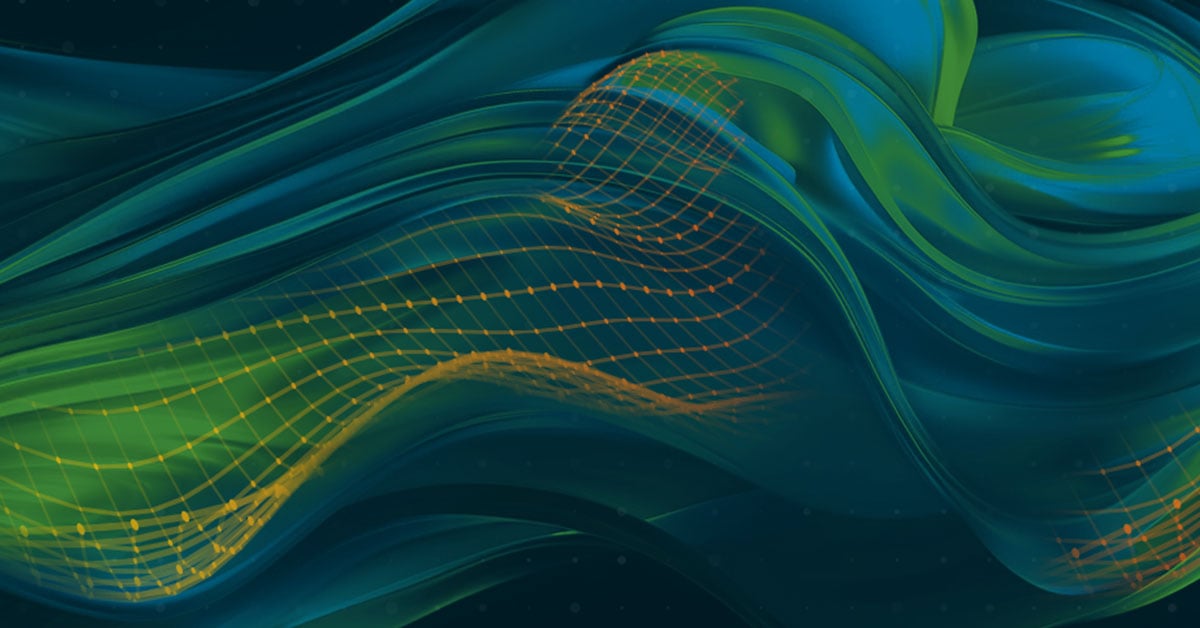 Abstract background featuring green and blue waves, symbolizing technology and simulation in a dynamic visual representation.