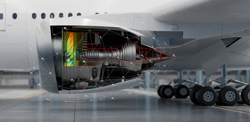 A 3D simulation of an aircraft turbine showing the accessibility of AI-driven CAE software and generative design.