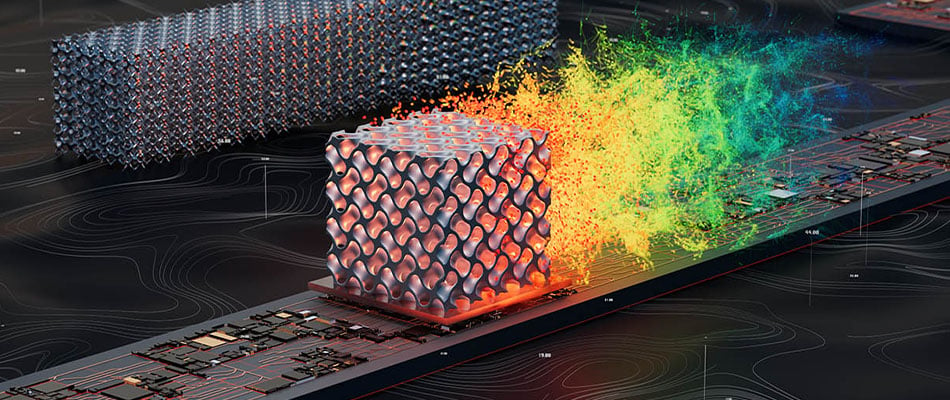 An abstract 3D rendering showcasing a 3D simulation of a lattice structure heat sink positioned atop a PCB, with a visible flow simulation in progress.