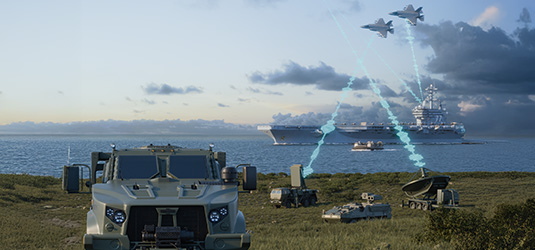 Tank, ship, jets, satellite dish & radar streams depict defense solution for radar communication & spectrum management.