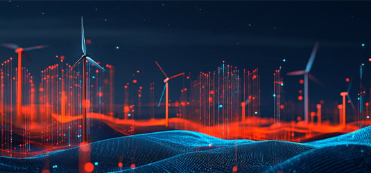 Stylized wind-turbine farm under dark sky with glowing orange and blue rolling grid depicts a renewable energy solution.