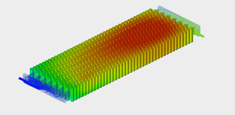 Simulation result of a fluid thermal assessment of a battery cooling concept.