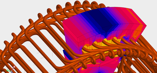 Detailed view inside the simulation of an e-machine analyzing the electromagnetic-thermal-structural coupling.