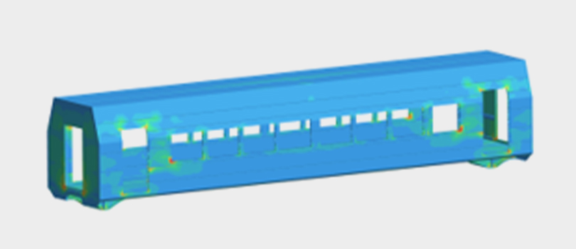 FEA simulation result of the structural assessment of a passenger railcar.