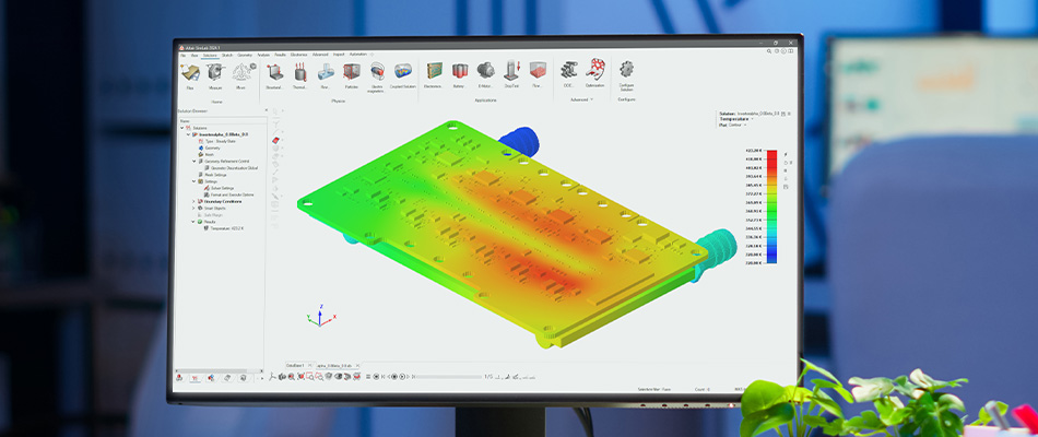 Simulation result of the heat distribution of a traction inverter PCB under demanding operation conditions.