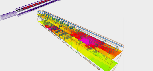 Simulation result of a radio coverage analysis to optimize the WIFI network quality in a passenger railcar.