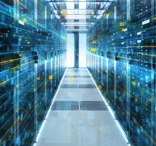 Blue HPC center with yellow and blue lines to represent high-throughput job scheduling for efficient semiconductor design.