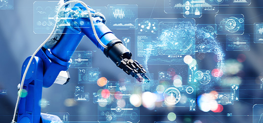 Robot arm with stylized data pattern in background represents defense solution to reduce sustainment and modernization costs.