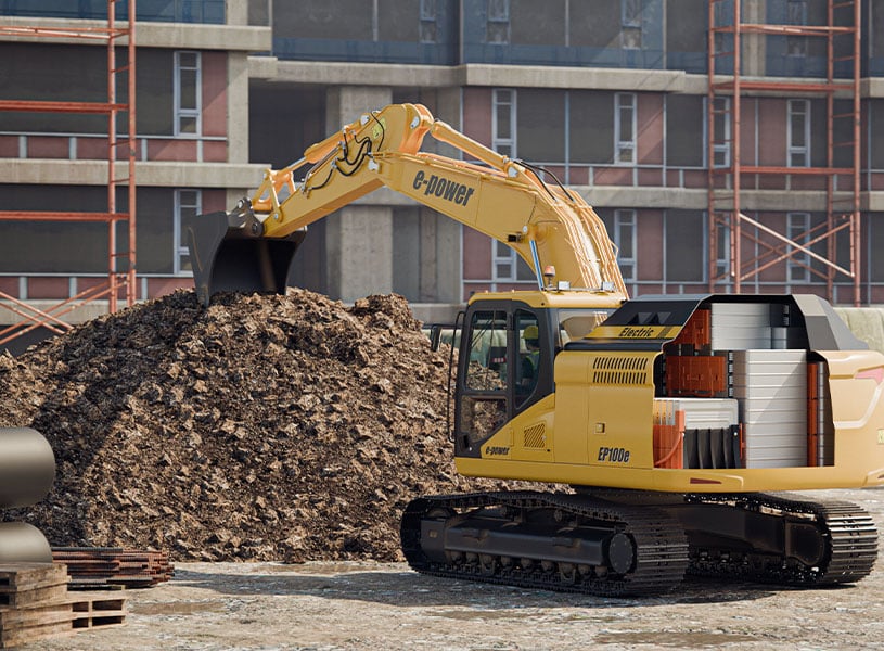 Battery powered excavator with a cutaway showing the battery pack integration moving dirt at a construction site.