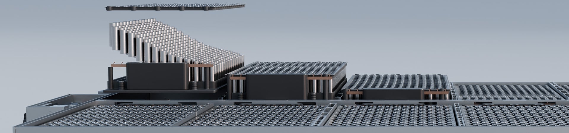 3D rendering of an exploded ev battery pack module against a grey background.