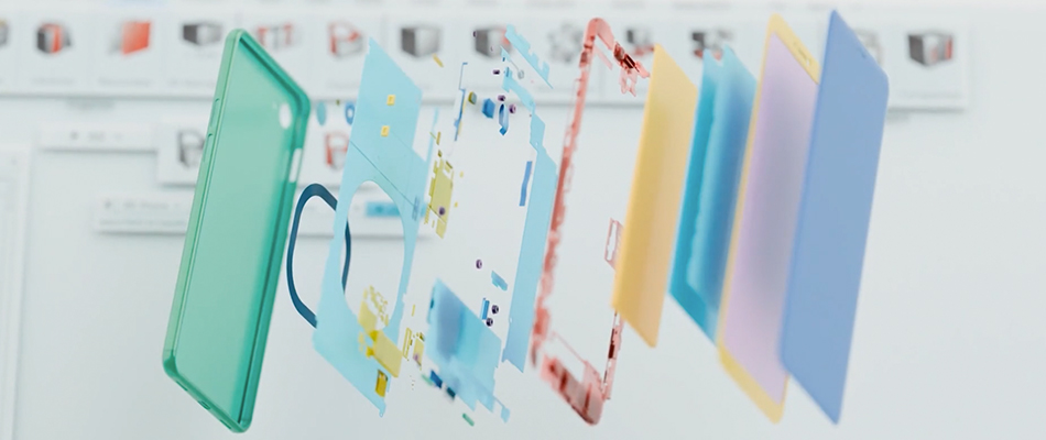 A cellphone's 3D model, in exploded view, depicts the complexities of modern product design and finite element modeling.