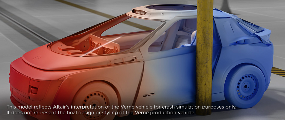 A car crash simulation with impact to the side of a genericized Verne car model.