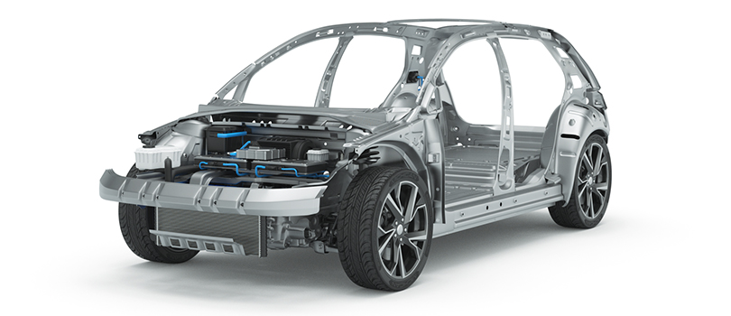 An assembly model of an electric car brings part, material, contact, and connector data into FEA analysis software.
