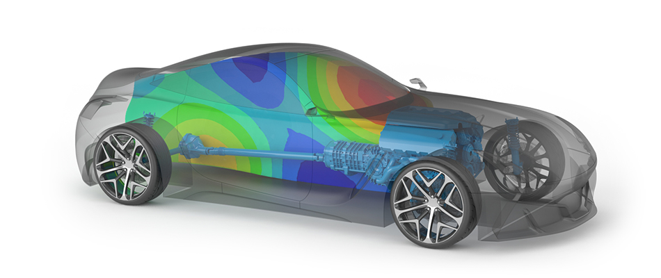 The rendering of a car's NVH results produced using finite element modeling software.