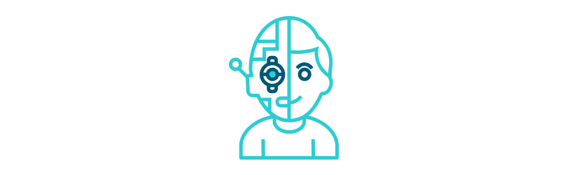 Icon illustration of a face that is half human and half robot.