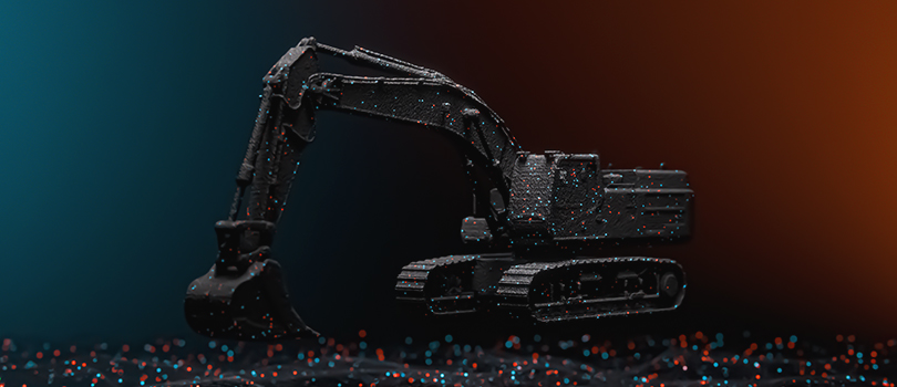 A rendering of an excavator vehicle with AI/data points scattered across it.