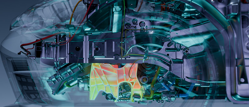 A cast manufacturing simulation component highlighted within a translucent rendering of a car chassis.