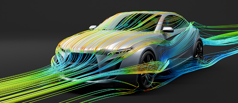 CFD simulation streamlines flowing across a vehicle.