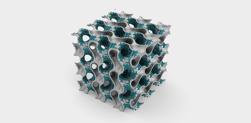 Render of a cube showcasing a beautiful hybrid gyroid strut lattice.