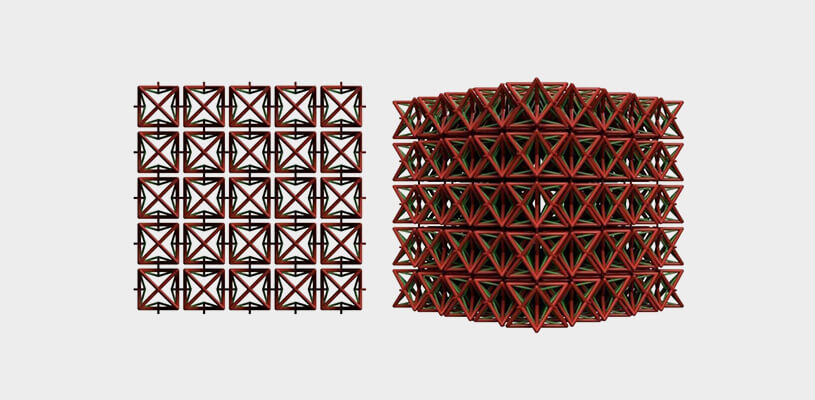 Render of a red and green cube showcasing metamaterials’ negative thermal expansion of a lattice structure.
