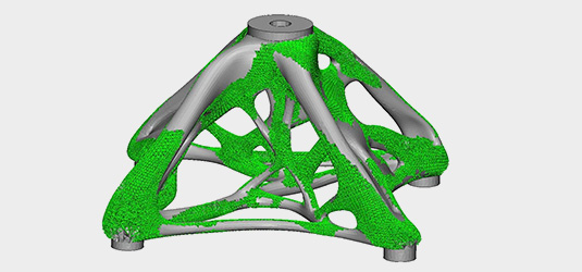 3D results of a spider bracket that mimics biological structures. The lattice structures provide stability and desirable thermal behavior.