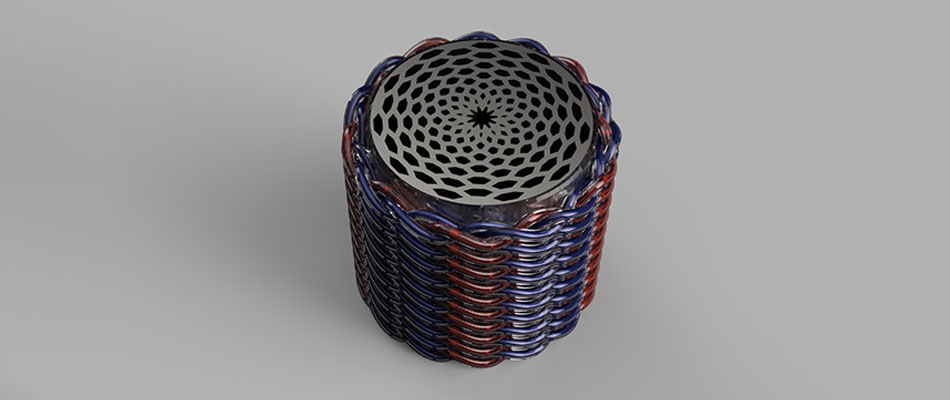 Render of a heat exchanger with weave channels and other lattice structures, which improves thermal management.