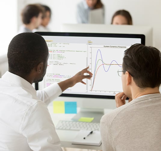 Two people looking and pointing at Altair Compose plots on a computer monitor.