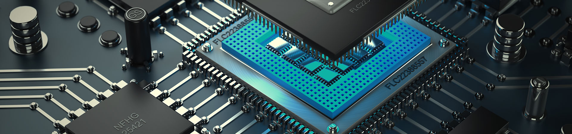 Close-up computing technology with a central processing unit (CPU) on a printed circuit board.
