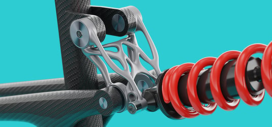 A render of a topology-optimized 3D-printed metal bracket for a bike is shown in situ.