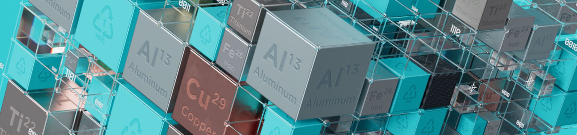 A 3D illustration representing a material data center showing plastic and metal codes within cubes.