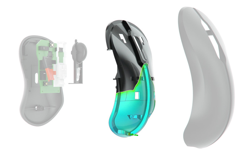 Computer mouse design for manufacturing of injection molded components.