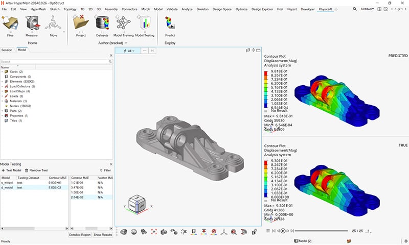 Shown here is a displacement analysis in HyperMesh with Altair® PhysicsAI™, which automates predictions by learning from past simulations. 