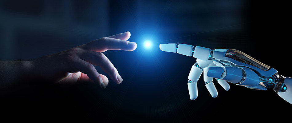 A hand touching the robot finger