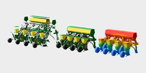 Rendering of a seed planter in 3 separate exploded view stages with a SimSolid structural simulation being performed.