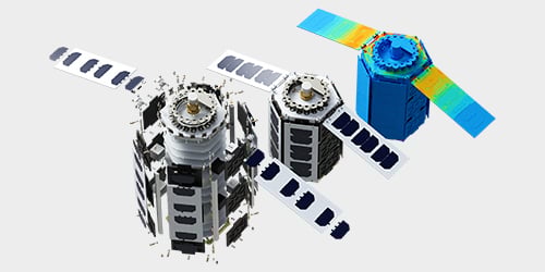 Rendering of a satellite in 3 separate exploded view stages with a SimSolid structural simulation being performed.