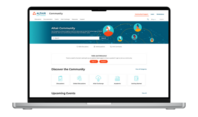 Isolated laptop with the homepage of Altair's Community website displayed.