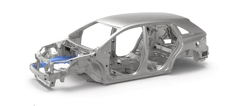 Car body-frame model; button plays workflow video for expertAI, Altair’s AI-powered simulation and design technology.