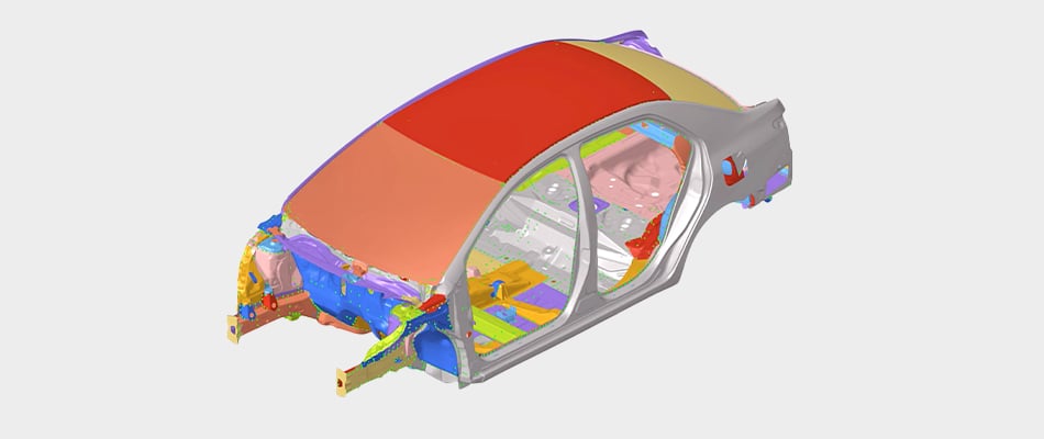 Car body-in-white model with shapes identified through shapeAI; button on image plays video of AI-powered design workflow.